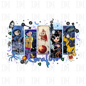 Puede incluir: Un diseño gráfico colorido con personajes y escenas de la película "Coraline". El diseño incluye ilustraciones de Coraline, un ratón y otros personajes, con la palabra "Coraline" en una fuente estilizada. El fondo es blanco con elementos decorativos.