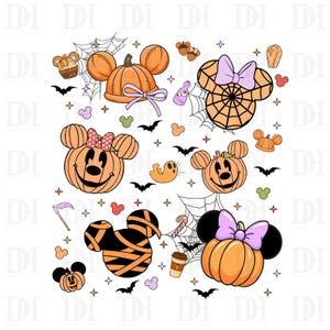 May include: A collection of Halloween-themed illustrations featuring Mickey Mouse-inspired pumpkin designs, bats, spiderwebs, and other spooky elements. The pumpkins have various bows and expressions, with a mummy-style design.