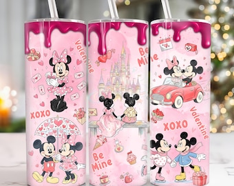 May include: Three pink insulated tumblers with Valentine's Day designs featuring Minnie and Mickey Mouse. Each tumbler has a pink lid and a clear straw. The designs include hearts, castles, and the words "Be Mine", "XOXO", and "Valentine".