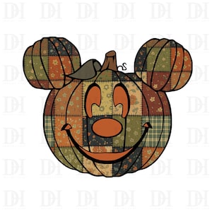 May include: A pumpkin-shaped design with Mickey Mouse ears, featuring a patchwork pattern in shades of orange, green, and brown. The pumpkin has a smiling face with orange features and a stem. The design is perfect for fall-themed crafts and decorations.