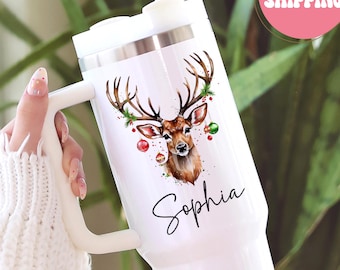 Personalized Reindeer Tumbler, Custom Name Christmas Cup, Holiday Deer Gift, Christmas Gift for Her, Festive Winter Cup, Custom Holiday cup