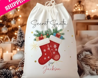 Personalized Secret Santa Gift Bag, Custom Christmas Stocking Sack, Holiday Present Bag with Name, Christmas Party Gift Exchange