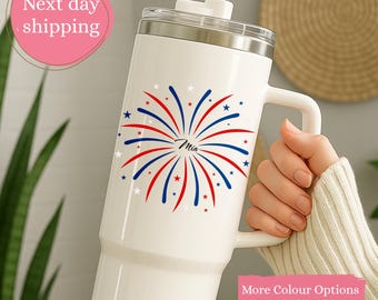 Personalized 4th of July Tumbler, Patriotic Fireworks Cup, Custom Name