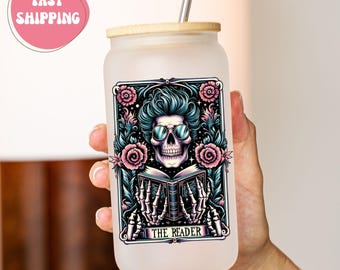 Skull Reading Frosted Glass Tumbler, Gothic Book Lover Cup
