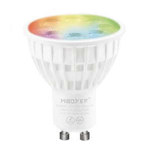 Puede incluir: Una bombilla LED de foco blanco con una base GU10. La bombilla tiene un efecto de luz de arcoíris y el texto "MIBOXER® Model No: FUTIO3ZR Power: 4W RGB+CCT LED Spotlight Input: 100-240V-50/60HZ FonS" impreso en el lateral.