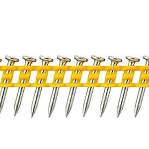May include: A strip of collated nails, featuring silver nail shafts and gold-colored heads. The nails are held together by a bright yellow plastic strip, designed for use in a nail gun. The nails are evenly spaced.