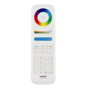 Puede incluir: Control remoto blanco Zigbee 3.0 con una rueda de colores, un control deslizante de brillo y botones para encendido, apagado, blanco, rojo, verde, azul y los números del 1 al 7.
