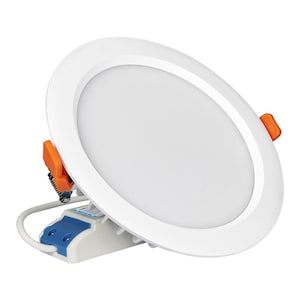 May include: White round LED ceiling light with a white trim and orange clips. The light has a built-in driver and a wire for connection.