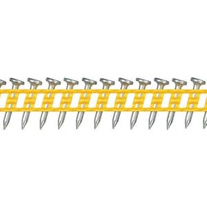 May include: A strip of collated nails, featuring silver nail heads and pointed tips, connected by a bright yellow plastic strip. The nails are evenly spaced and designed for use in a nail gun for construction or woodworking projects.