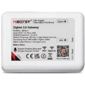 Puede incluir: Pasarela Zigbee 3.0 blanca con el texto "Zigbee 3.0 Gateway" y "Modelo: ZGW01-1A" impreso en la parte delantera. El dispositivo tiene un logotipo negro y rojo con el texto "MiBOXER" impreso en la parte delantera. El dispositivo tiene un código QR blanco y el texto "WiFi Zigbee Kit" impreso en la parte delantera.