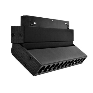 Puede incluir: Luminaria de riel negra con un diseño rectangular y 12 luces LED redondas. La luminaria tiene una superficie texturizada y está montada sobre un fondo blanco.