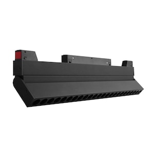 Puede incluir: Luminaria de riel negra con múltiples luces LED redondas. La luminaria tiene una forma rectangular y está montada en el techo.