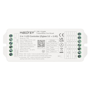 Puede incluir: Un controlador LED MiBoxer 5 en 1 blanco con tecnología Zigbee 3.0 + 2.4G. Cuenta con múltiples puertos de entrada y salida, con una salida máxima de 20A. El controlador incluye modos de salida de indicador para varios colores.
