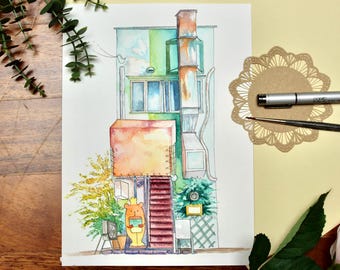 Original hand-drawn drawing from a Japanese workshop | Watercolor and fine-line ink | Urban Tokyo | Minimalist Japanese art