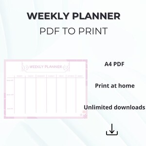 Peut inclure: Un PDF imprimable de planificateur hebdomadaire rose et blanc avec le texte "WEEKLY PLANNER" en haut. Le PDF est au format A4 et peut être imprimé à la maison. Téléchargements illimités disponibles.