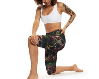 Leggings capri victoriens roses rouges foncés | Imprimé floral botanique intégral