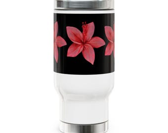 Taza de viaje con diseño de flor de hibisco de acero inoxidable de 14 oz