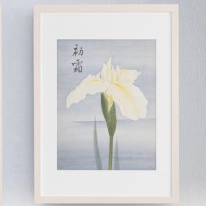 May include: Two framed floral art prints. One features a purple iris, the other a white iris. Both have Japanese calligraphy and are set against a soft, watercolor-style background. The frames are a light beige color.