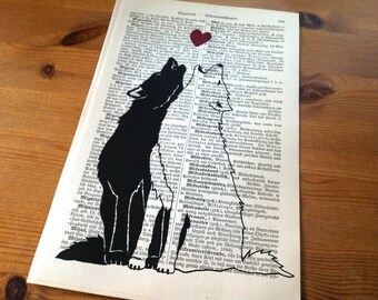 Eco friendly Howling Wolves Art Print. Fiance Gift for Him. Literary Gifts for Readers