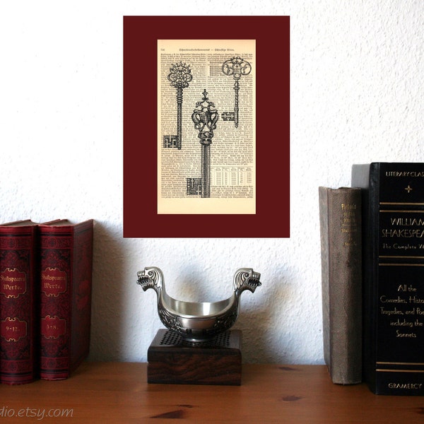 Three Keys, dictionary print, literary gifts, old book pages, mindfulness gift