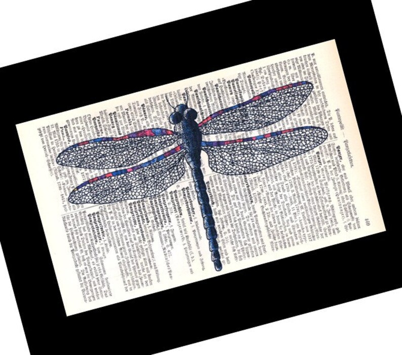 Zero Waste Gifts, Dragonfly Art Print, Literary Gifts on Old Book Pages image 2