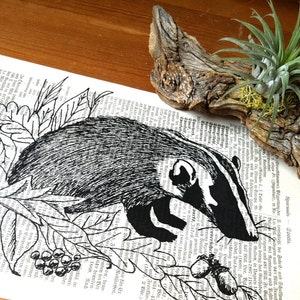 Badger, nursery wall art, bookish gifts, old book pages, kids room decor