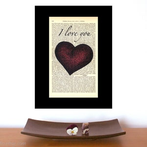 Fiance Gift for Him, I Love You Heart, Art Print on Old Book Pages, Zero Waste Gifts image 1