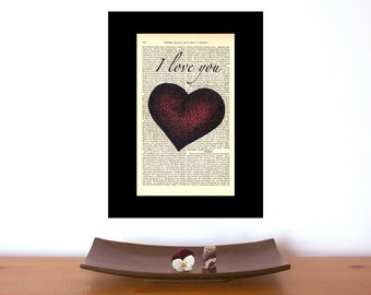 Fiance Gift for Him, I Love You Heart, Art Print on Old Book Pages, Zero Waste Gifts