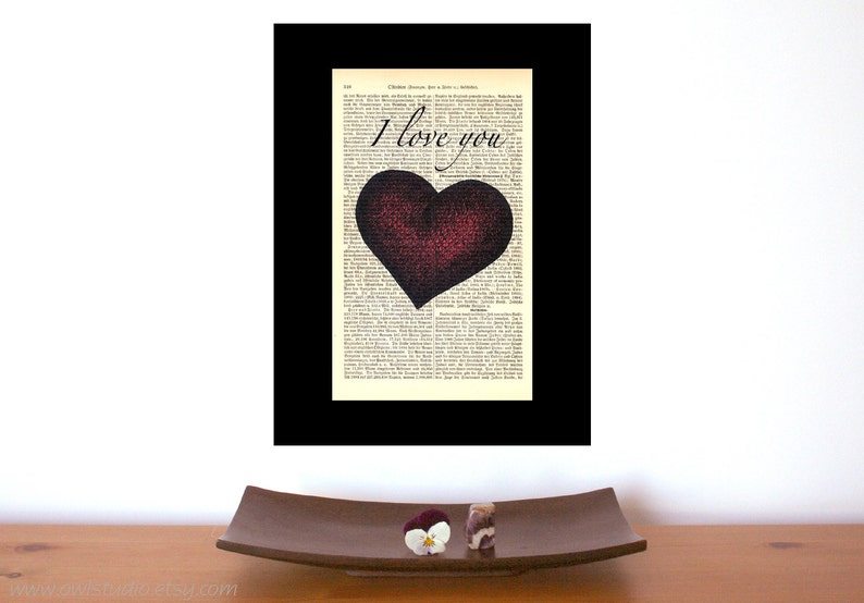 Fiance Gift for Him, I Love You Heart, Art Print on Old Book Pages, Zero Waste Gifts image 1