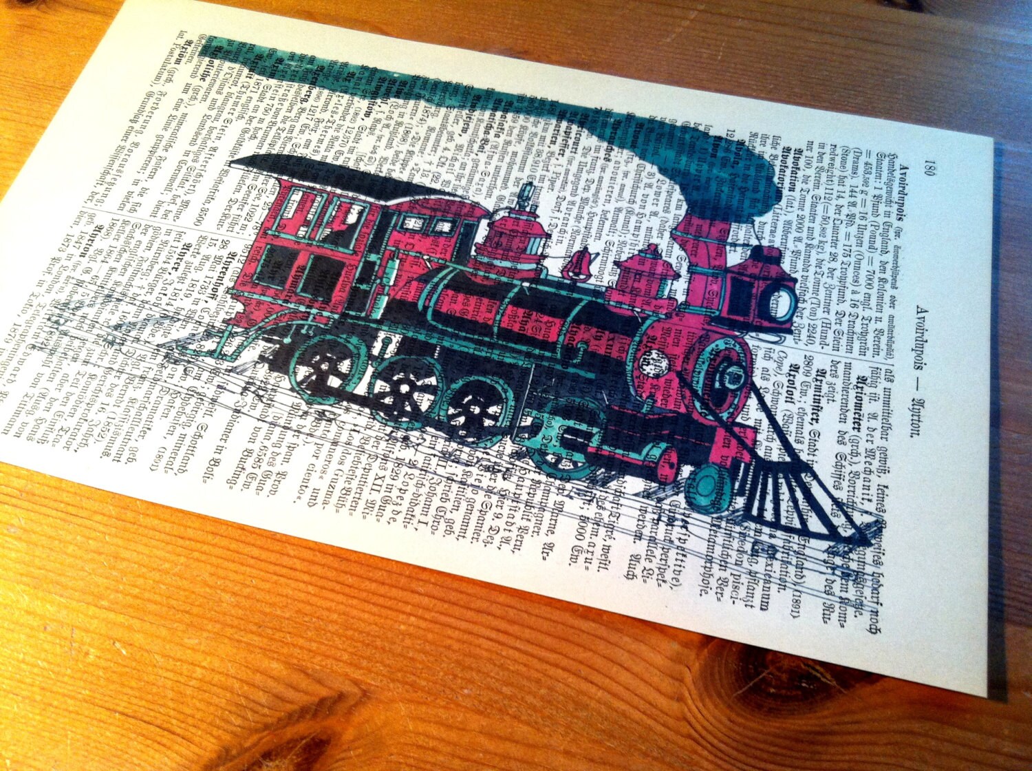Red Green Steam Train, Dictionary Print, Bookish Gifts, Old Book Pages