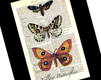 Yellow Butterflies, dictionary print, literary gifts, old book pages, bookish gifts, book nook