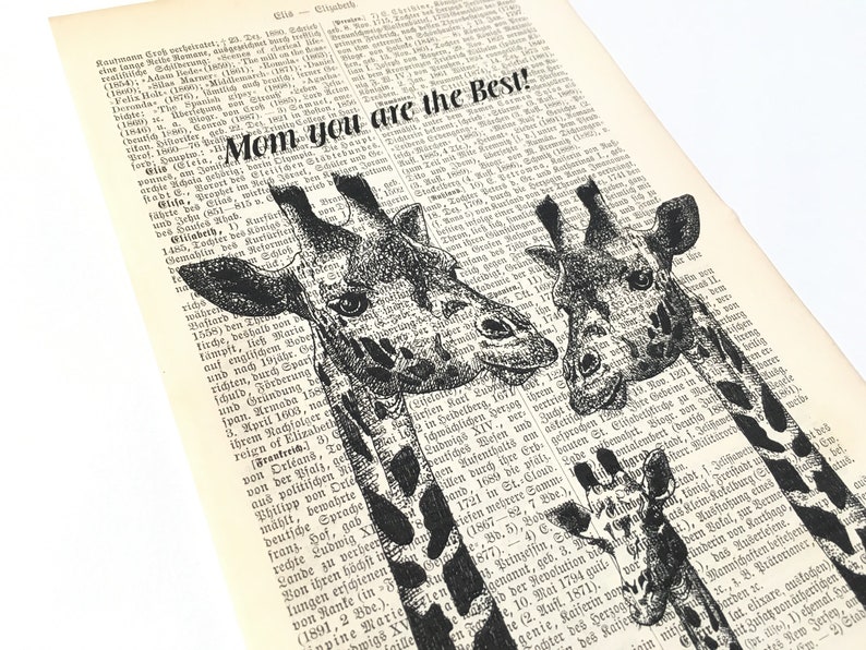 Giraffe Family, dictionary print, literary gifts, book nook, bookish gifts, old book pages image 3
