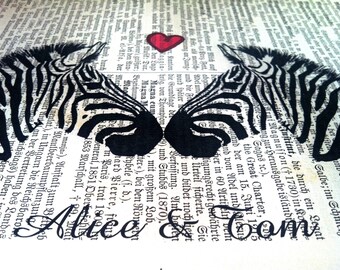 Zebra Love, dictionary print, literary gifts, old book pages, mindfulness gift