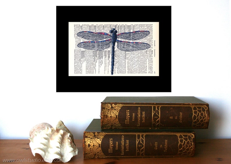 Zero Waste Gifts, Dragonfly Art Print, Literary Gifts on Old Book Pages image 1