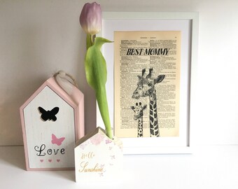 giraffe mummy and kid, dictionary print, librarian gifts, old book pages