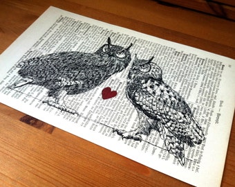Newlywed Gift Owl Love Literary Gifts, Art Print on Old Book Pages, Zero Waste Gifts