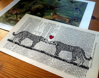 Eco Friendly Wedding Gift, Cheetah Love Art Print on Old Book Pages, Literary Gifts, Fiance Gift for Him