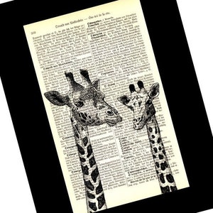 Dos jirafas Art Print, regalos librescos, regalos literarios, páginas de libros antiguos, rincón de libros