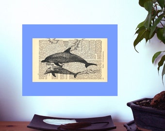 Zero Waste Gifts, Dophin Art Print on old book pages, Literary Gifts