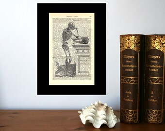 Thinking Skeleton Art Print on old Book Pages, Literary Gifts, Medical Student Gift