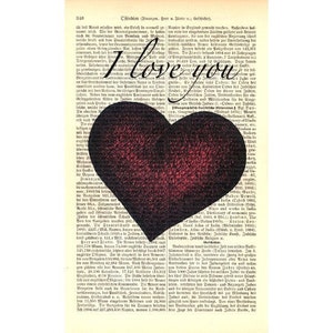 Fiance Gift for Him, I Love You Heart, Art Print on Old Book Pages, Zero Waste Gifts image 3