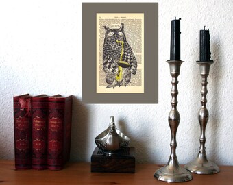 Saxophone Owl Music Art Print, Bookish Gifts and Literary Gifts, Geek Decor