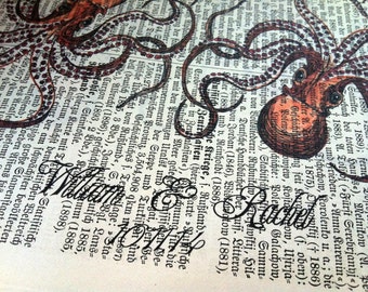 Octopus Lovedance, dictionary print, mindfulness gift, old book pages, literary gifts