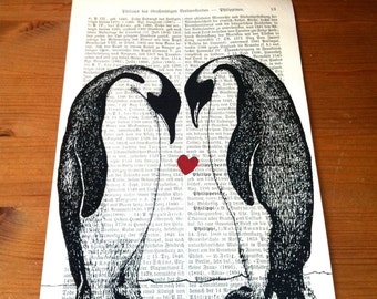 Penguin Love, dictionary print, literary gifts, old book pages, mindfulness gift