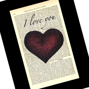 Fiance Gift for Him, I Love You Heart, Art Print on Old Book Pages, Zero Waste Gifts image 2