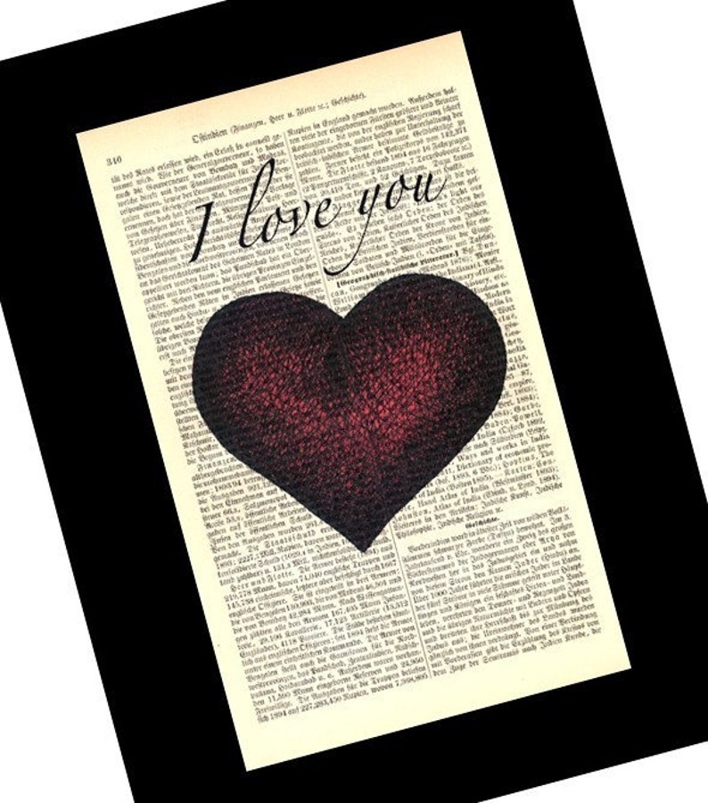 Fiance Gift for Him, I Love You Heart, Art Print on Old Book Pages, Zero Waste Gifts image 2