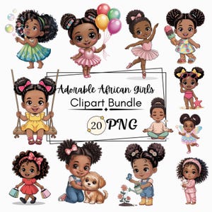 Kawaii African American Girl Clipart PNG Bundle: Afro Girl Stickers