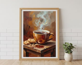 Rustic Coffee Cup Oil Painting Art Print, Kitchen Cafe Decor (Digital Download)
