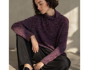 VTG 80s Eileen Fisher Womens Purple Boucle Marl Wool Blend Mock Neck Sweater S