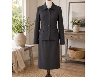 VTG Y2K Pendleton Charcoal Wool Blend Lined Blazer & Skirt Suit Set Size 12 USA